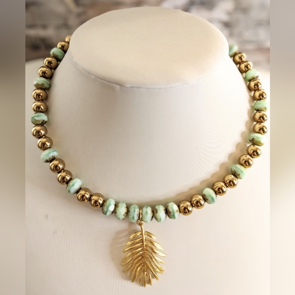 Green Spearmint Glass and Gold Ball Beads in Statement Gold Plated Necklace - Picture 5 of 10